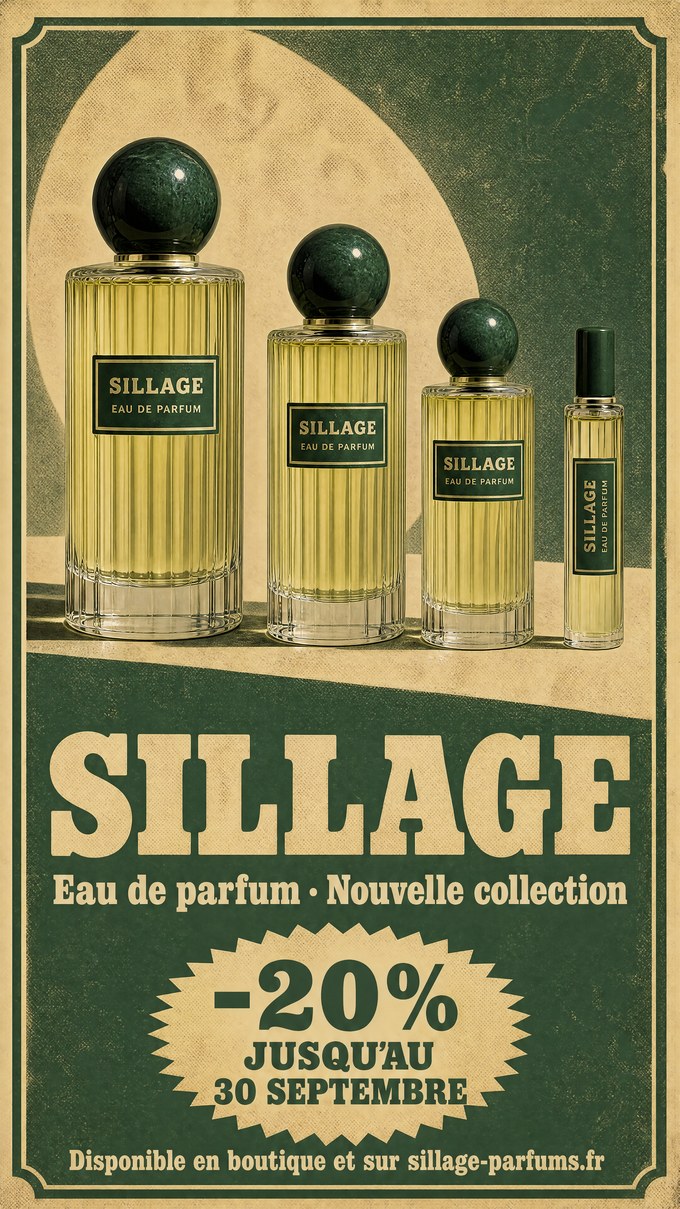 Flyer produit pour une eau de parfum, quatre flacons alignés et une promotion en pastille